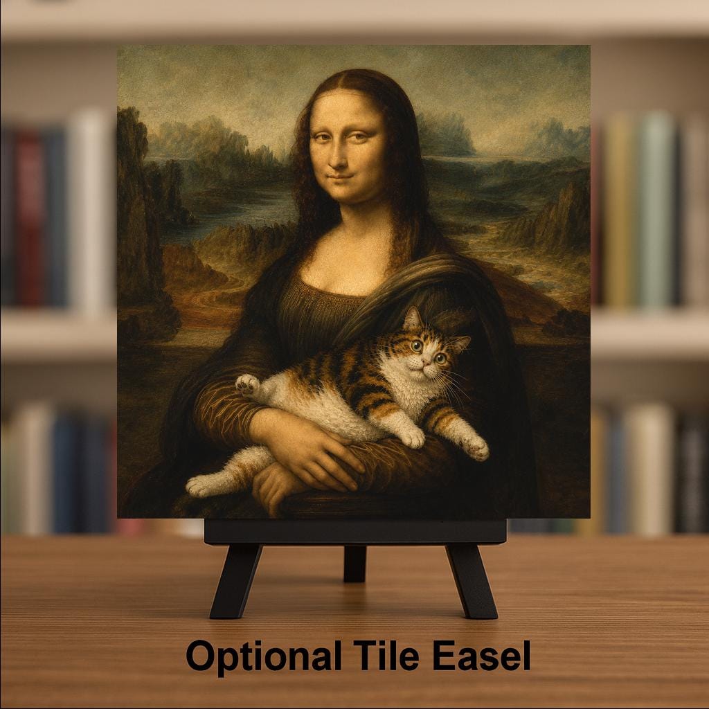 Funny Cat Ceramic Art Tile: Cat and the Mona Lisa Famous Painting Parody Wall Decor Art Lover Gift Quirky Home Decor Art