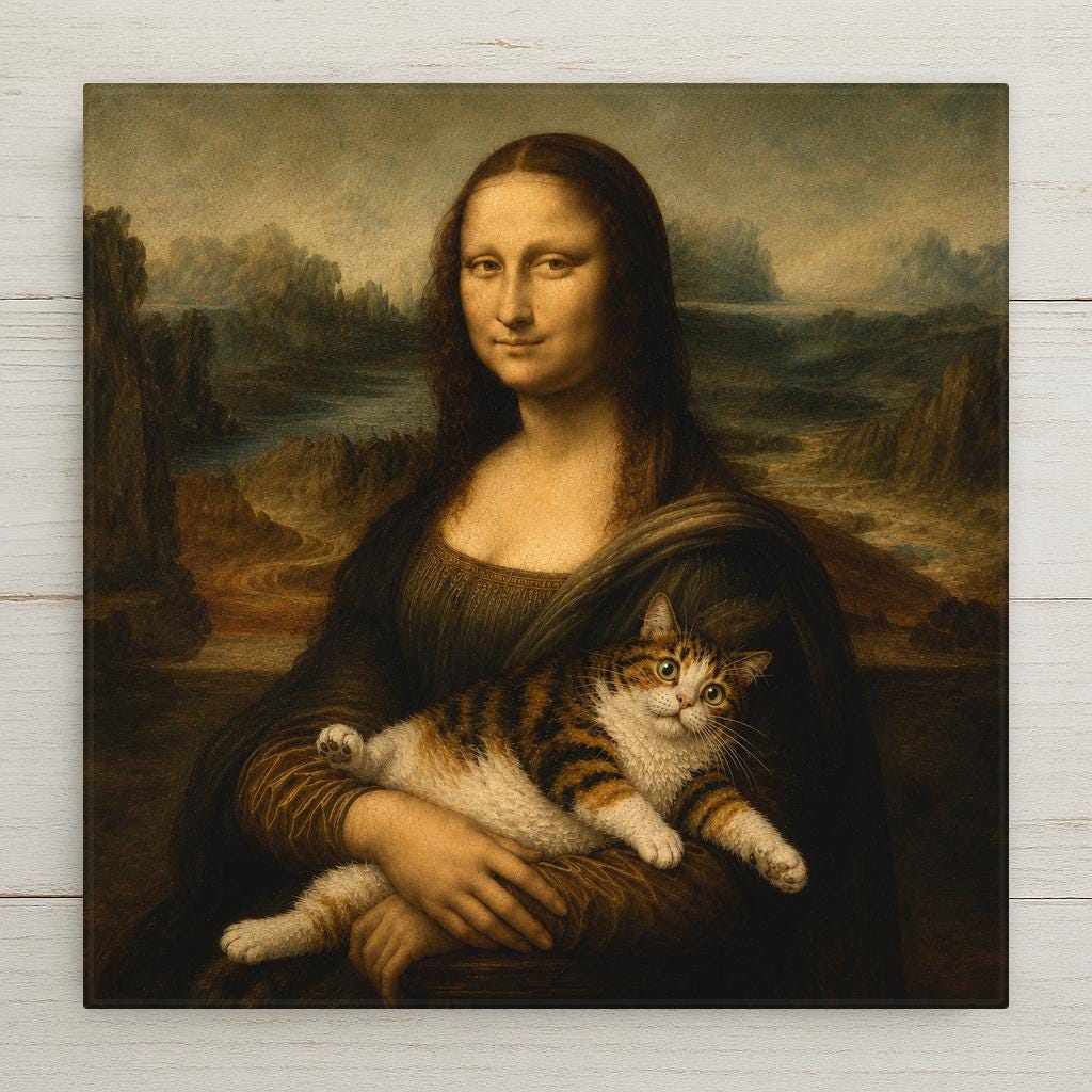 Funny ceramic art tile featuring a calico cat sprawled across the lap of a serenely smiling Renaissance woman who remains completely unbothered, in soft sfumato style, in warm browns, olive green, and soft gold. Art history parody cat lover gift with optional tile wall hanger, easel stand, cork backing, or display frame.