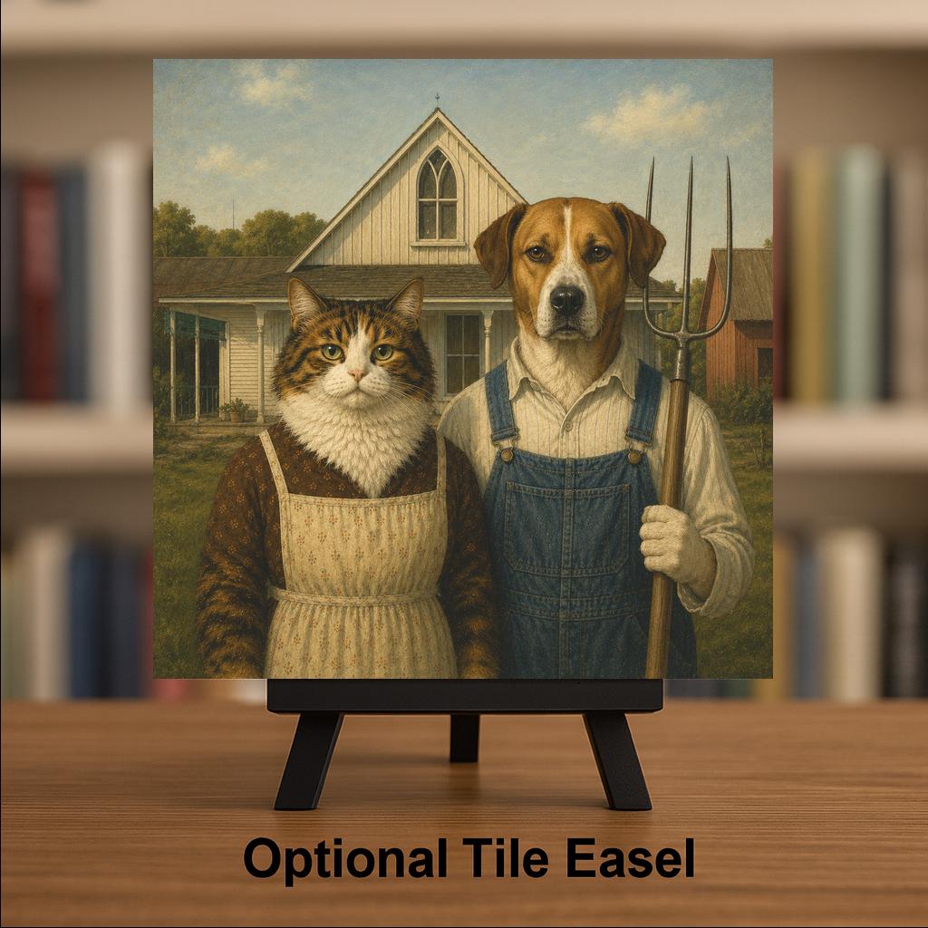 Funny Cat and Dog Ceramic Art Tile: American Gothic Pet Parody Wall Decor Art Lover Gift Quirky Farmhouse Home Decor Art