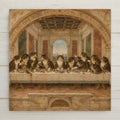 Funny ceramic art tile featuring thirteen cats seated at a long banquet table in joyful chaos — one stealing bread, one knocking over a cup, a serene cat at the center — in Renaissance fresco style, in terracotta, cream, gold, sage, and soft blue. Art history parody cat lover gift with optional tile wall hanger, easel stand, cork backing, or display frame.