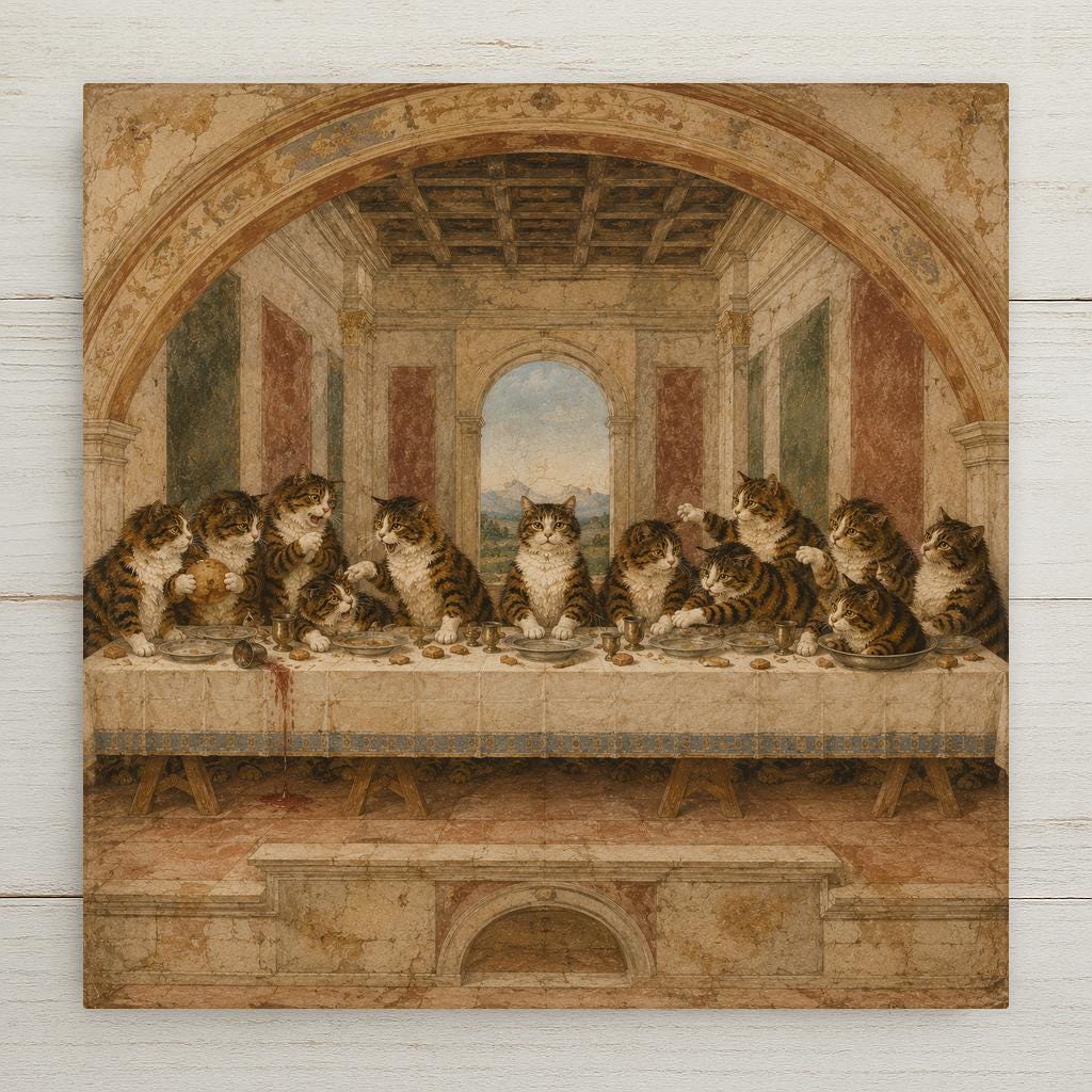 Funny ceramic art tile featuring thirteen cats seated at a long banquet table in joyful chaos — one stealing bread, one knocking over a cup, a serene cat at the center — in Renaissance fresco style, in terracotta, cream, gold, sage, and soft blue. Art history parody cat lover gift with optional tile wall hanger, easel stand, cork backing, or display frame.