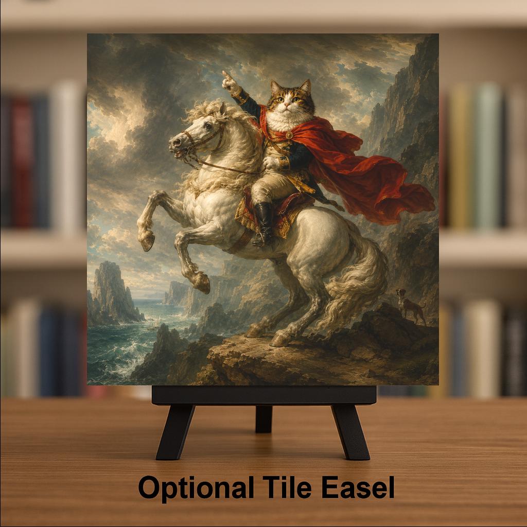 Funny Cat Ceramic Art Tile: Cat Crossing the Alps Famous Painting Parody Wall Decor Art Lover Gift Quirky Home Decor Art