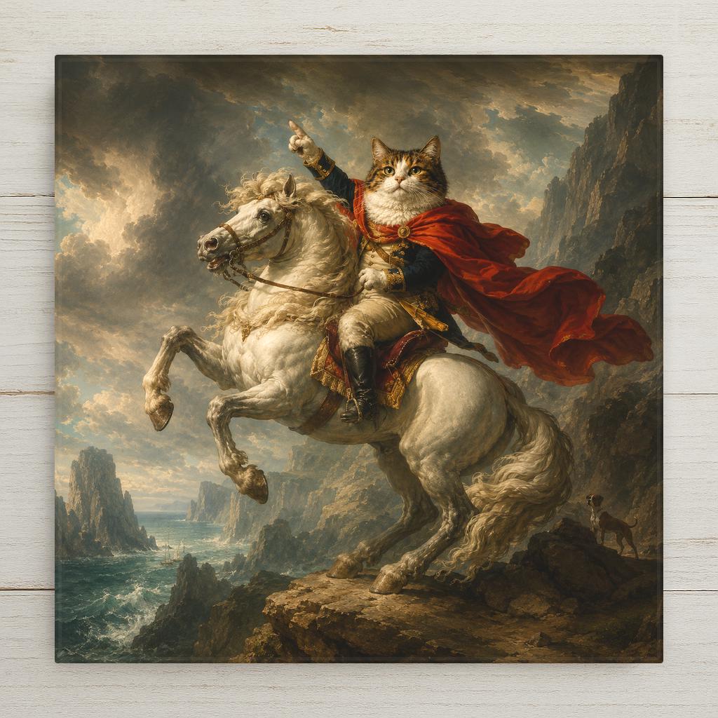Funny ceramic art tile featuring a calico cat as the famous general crossing the Alps, mounted on a rearing white horse with one paw raised in grand command and a tiny cloak in the wind, in dramatic Neoclassical style, in crimson, white, gold, and slate gray. Art history parody cat lover gift with optional tile wall hanger, easel stand, cork backing, or display frame.