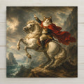Funny ceramic art tile featuring a calico cat as the famous general crossing the Alps, mounted on a rearing white horse with one paw raised in grand command and a tiny cloak in the wind, in dramatic Neoclassical style, in crimson, white, gold, and slate gray. Art history parody cat lover gift with optional tile wall hanger, easel stand, cork backing, or display frame.