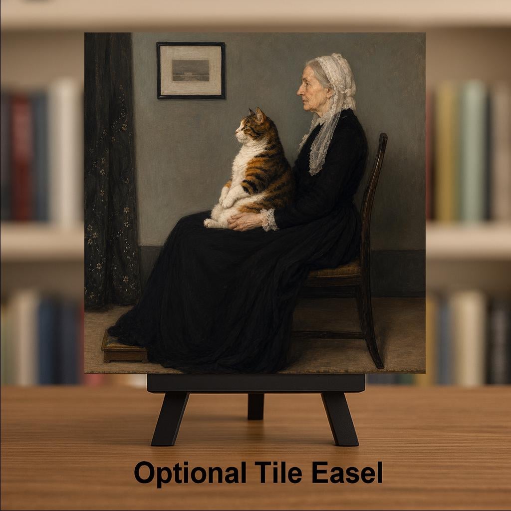 Funny Cat Ceramic Art Tile: Cat in Whistlers Mother Famous Painting Parody Wall Decor Art Lover Gift Quirky Home Decor Art