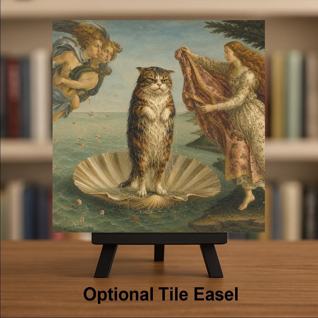 Funny Cat Ceramic Art Tile: Cat Birth of Venus Famous Painting Parody Wall Decor Art Lover Gift Quirky Bathroom Home Decor