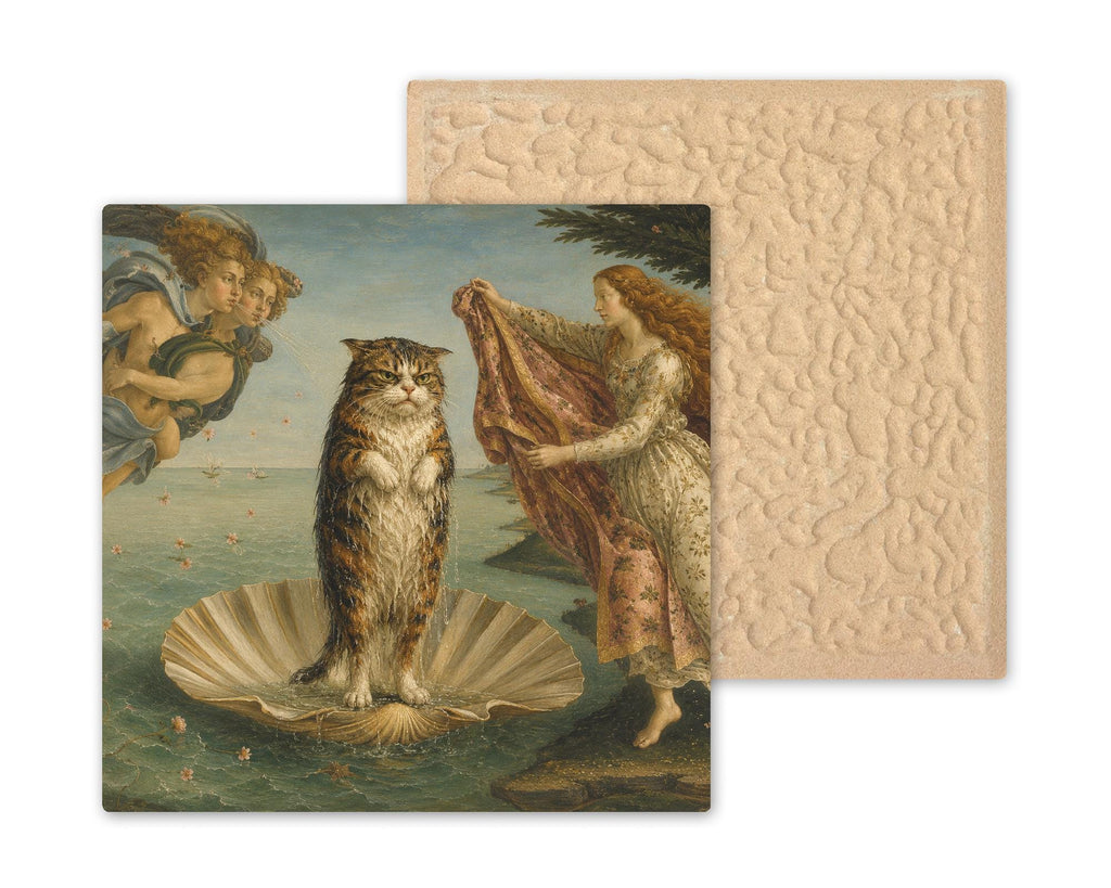 Funny Cat Ceramic Art Tile: Cat Birth of Venus Famous Painting Parody Wall Decor Art Lover Gift Quirky Bathroom Home Decor