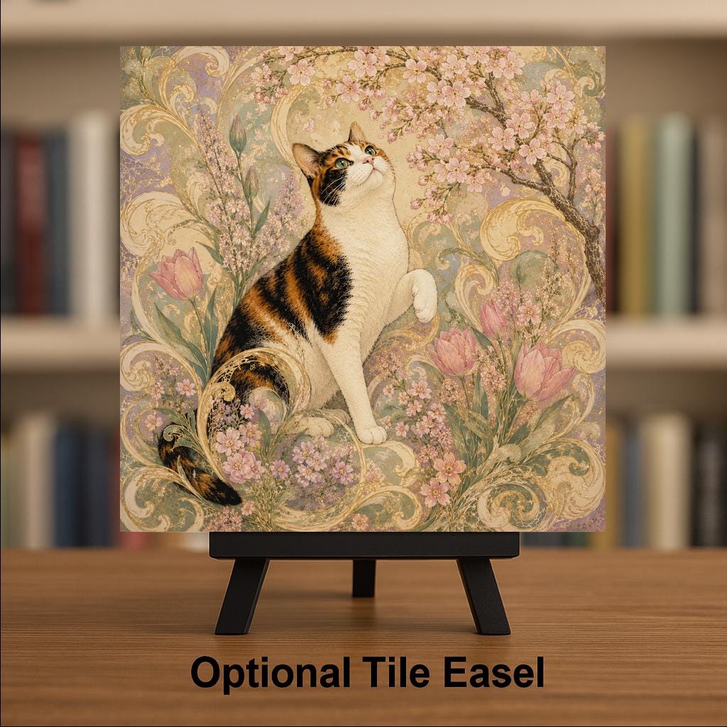 Art Nouveau Cat Ceramic Art Tile: Spring Goddess Floral Wall Decor Botanical Home Decor Cat Lover Gift Decorative Panel