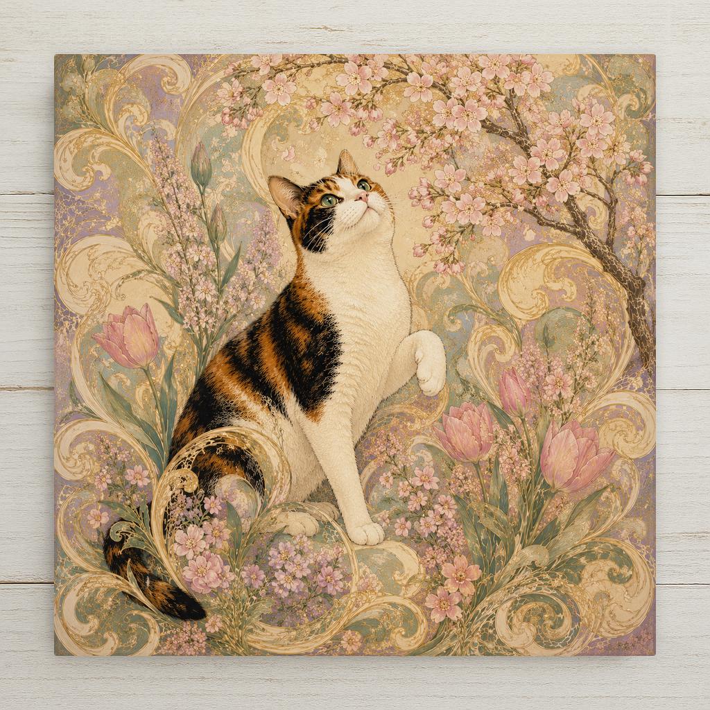 Art Nouveau ceramic art tile featuring an elegant calico cat as a Spring goddess among cherry blossoms, budding branches, and fresh green shoots in flowing 1900 Parisian poster style, in soft pink, pale green, cream, lilac, and gold. Decorative botanical cat lover panel with optional tile wall hanger, easel stand, cork backing, or display frame.