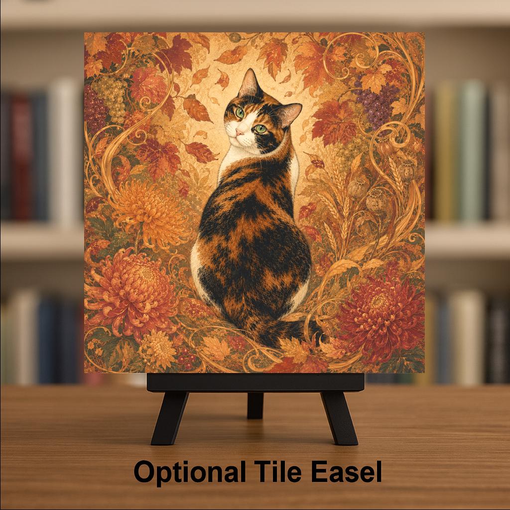 Art Nouveau Cat Ceramic Art Tile: Autumn Goddess Floral Wall Decor Botanical Home Decor Cat Lover Gift Decorative Panel