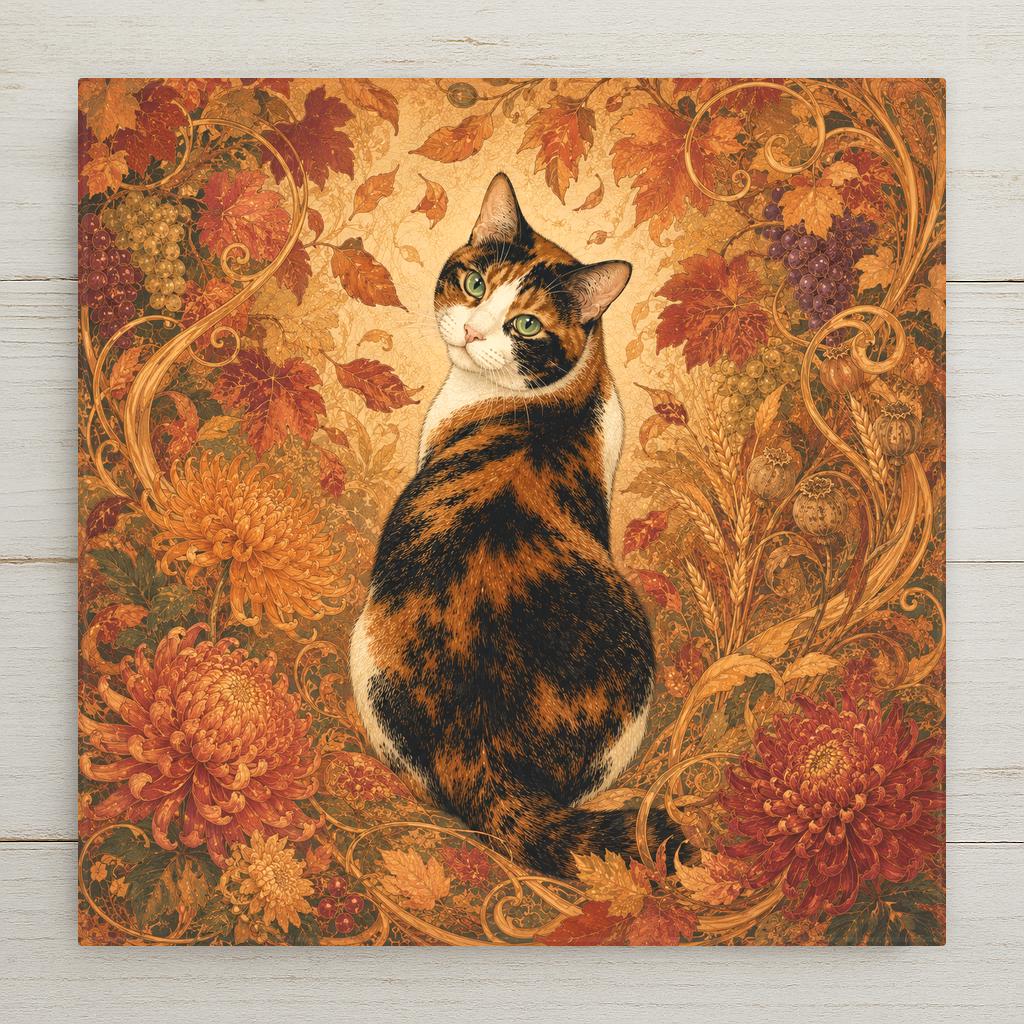 Art Nouveau ceramic art tile featuring an elegant calico cat as an Autumn goddess among chrysanthemums, falling leaves, and grapevines in flowing 1900 Parisian poster style, in amber, rust, copper, deep gold, burgundy, and cream. Decorative botanical cat lover panel with optional tile wall hanger, easel stand, cork backing, or display frame.