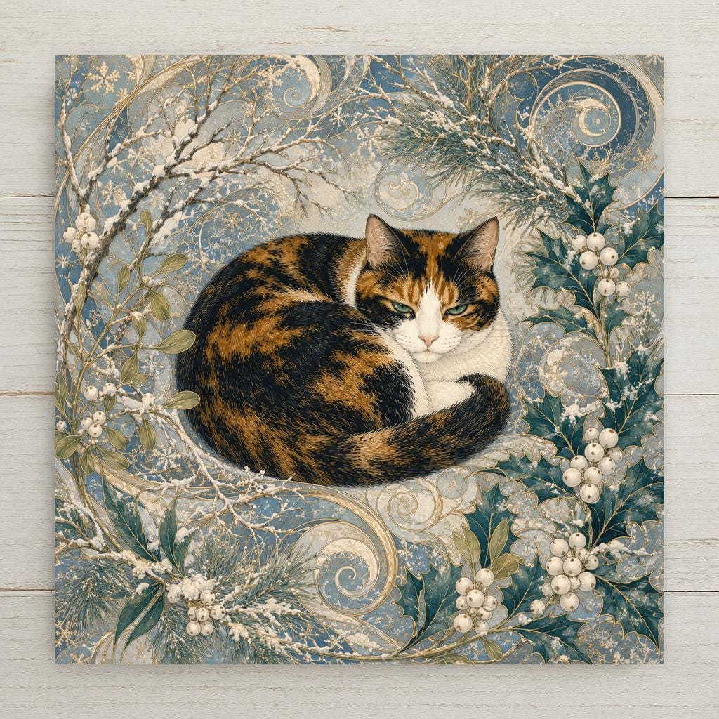 Art Nouveau Cat Ceramic Art Tile: Winter Goddess Floral Wall Decor Botanical Home Decor Cat Lover Gift Decorative Panel