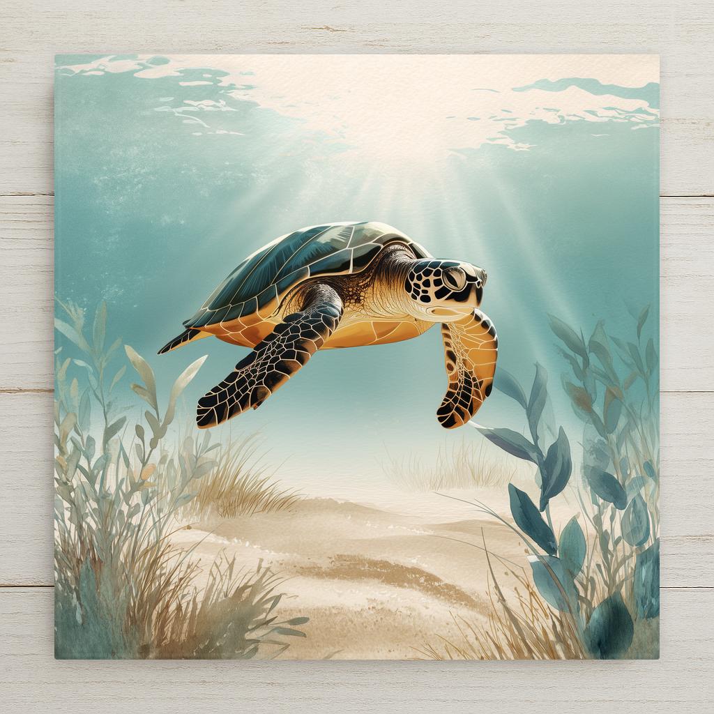 Ocean watercolor ceramic art tile with a sea turtle over a sandy seafloor in aqua, teal and seafoam, nautical style.
