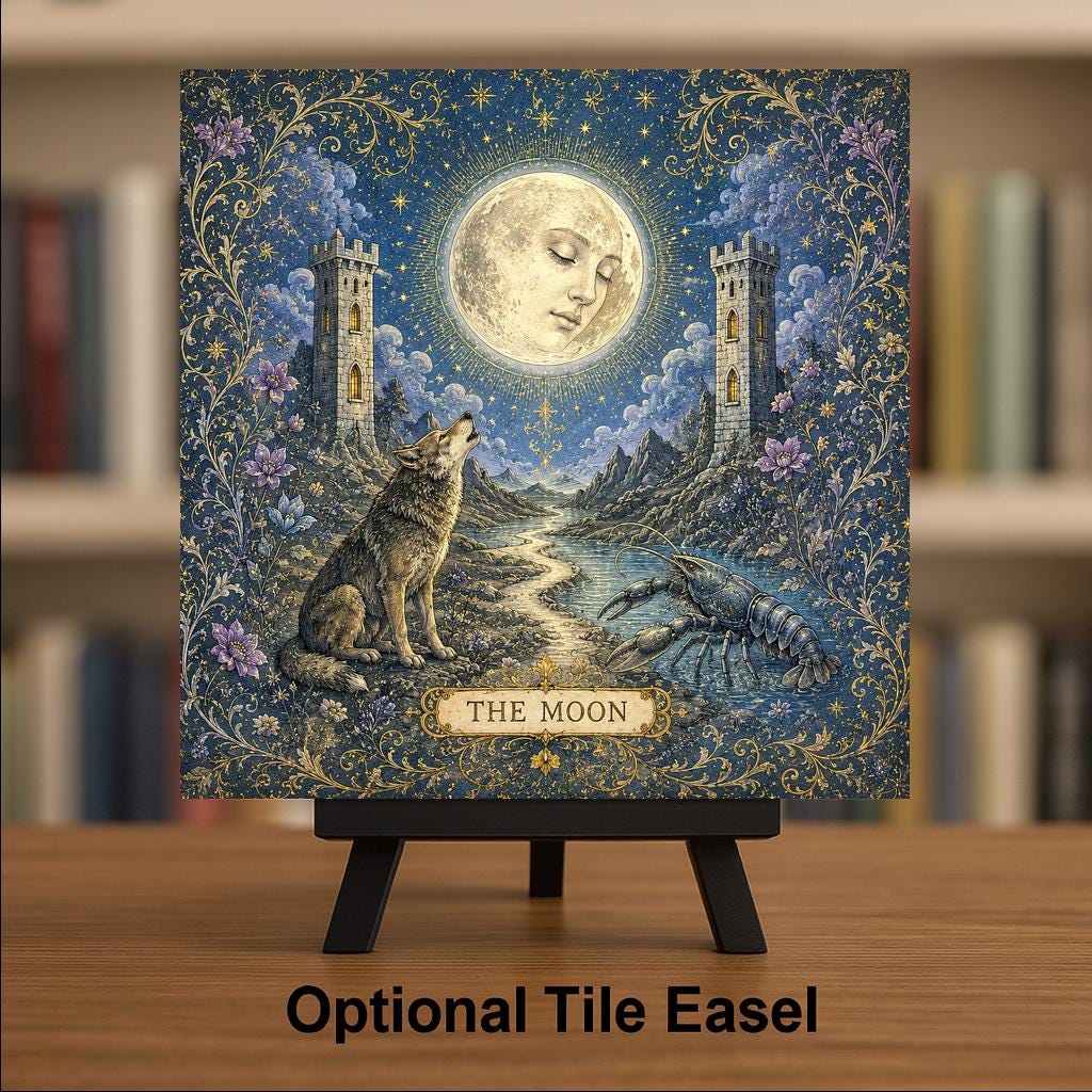 The Moon Tarot Wall Art Ceramic Tile Celestial Mystical Decor Vintage Esoteric Card Art Witchy Wolf Night Tile