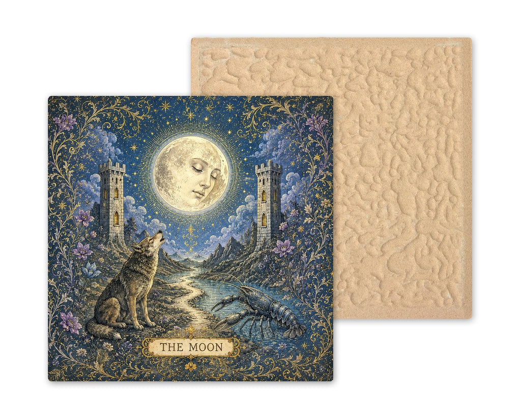The Moon Tarot Wall Art Ceramic Tile Celestial Mystical Decor Vintage Esoteric Card Art Witchy Wolf Night Tile