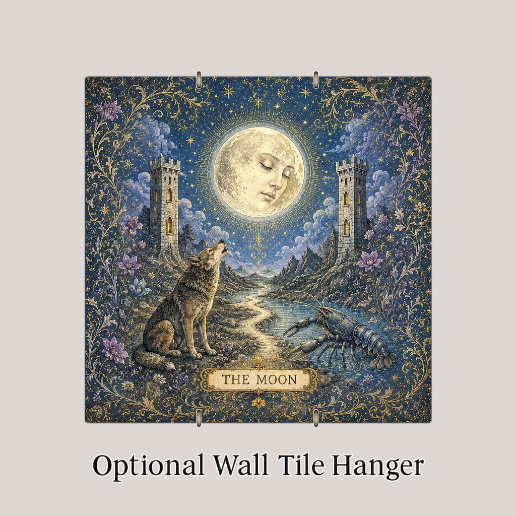 The Moon Tarot Wall Art Ceramic Tile Celestial Mystical Decor Vintage Esoteric Card Art Witchy Wolf Night Tile