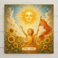 The Sun tarot ceramic art tile featuring a radiant golden sun with a serene face, rays, and sunflowers in ornate vintage esoteric style, in golden yellow, amber, marigold, sky blue, and cream. Celestial mystical witchy decor and tarot lover gift with optional tile wall hanger, easel stand, cork backing, or display frame.