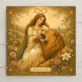 Strength tarot ceramic art tile featuring a serene woman gently taming a lion beneath the infinity symbol in ornate vintage esoteric style, in gold, amber, soft white, sage green, and rose. Mystical goddess witchy decor and tarot lover gift with optional tile wall hanger, easel stand, cork backing, or display frame.