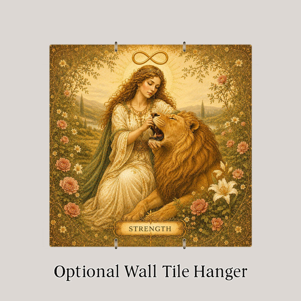 Strength Tarot Wall Art Ceramic Tile Mystical Decor Vintage Esoteric Card Art Lion Divine Feminine Witchy Boho Tile
