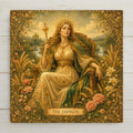 The Empress tarot ceramic art tile featuring a regal crowned goddess amid wheat, flowers, and flowing nature in ornate vintage esoteric style, in emerald green, gold, rose, cream, and warm wheat. Mystical goddess witchy decor and tarot lover gift with optional tile wall hanger, easel stand, cork backing, or display frame.