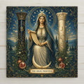 The High Priestess tarot ceramic art tile featuring a serene veiled figure between two pillars with a crescent moon in ornate vintage esoteric style, in midnight blue, silver, teal, gold, and cream. Mystical goddess witchy decor and tarot lover gift with optional tile wall hanger, easel stand, cork backing, or display frame.