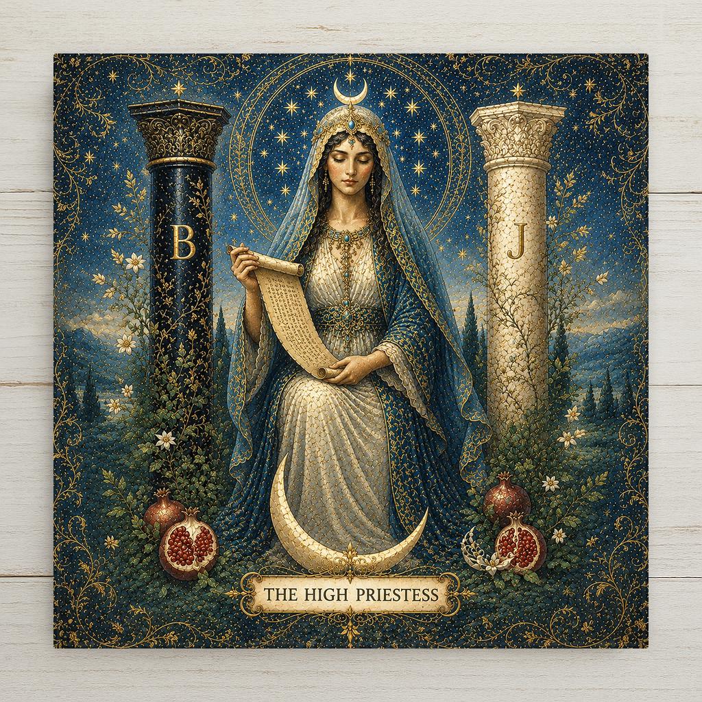 The High Priestess tarot ceramic art tile featuring a serene veiled figure between two pillars with a crescent moon in ornate vintage esoteric style, in midnight blue, silver, teal, gold, and cream. Mystical goddess witchy decor and tarot lover gift with optional tile wall hanger, easel stand, cork backing, or display frame.