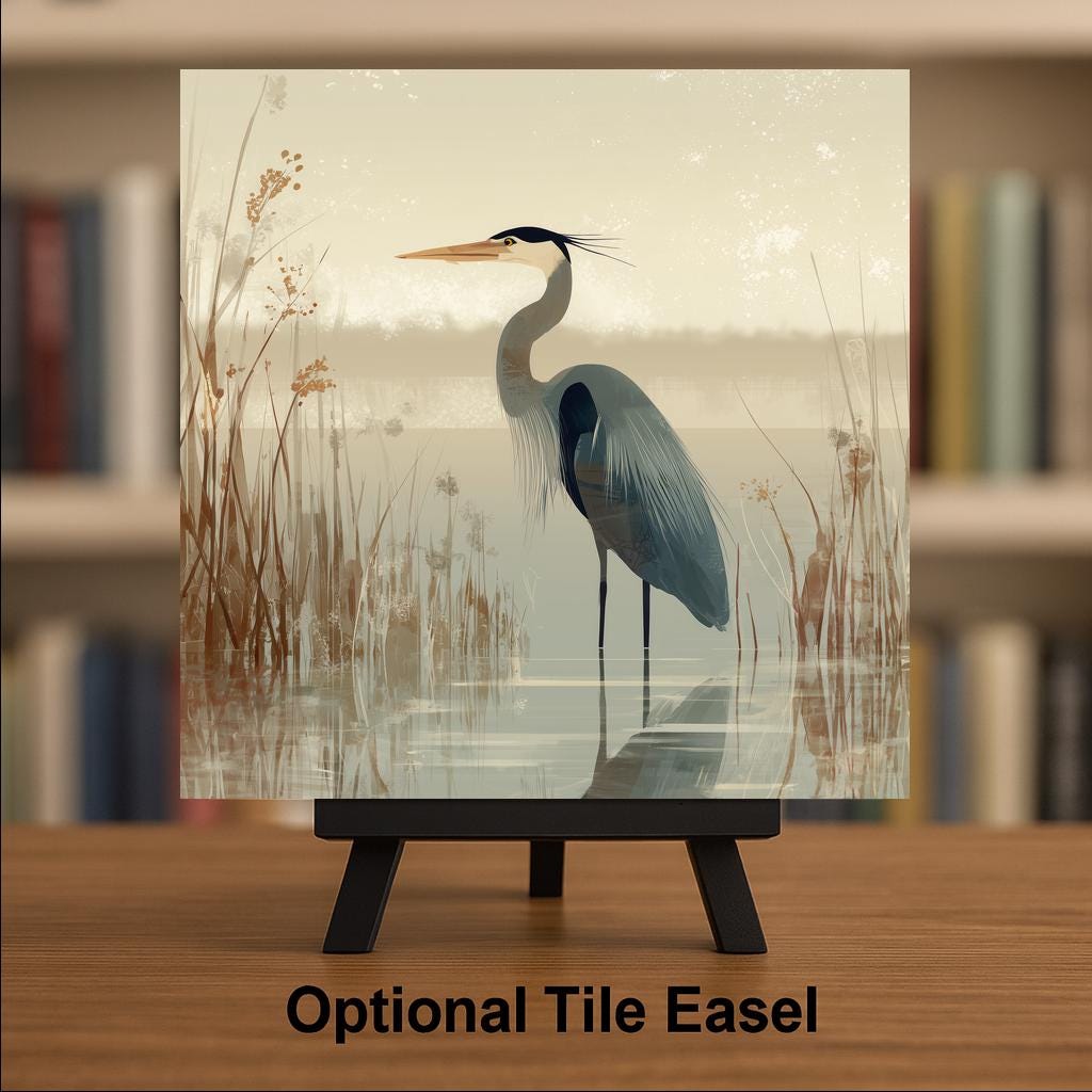 Great Blue Heron Ceramic Art Tile: Coastal Wall Decor Marsh Bird Beach House Home Decor Wall Art