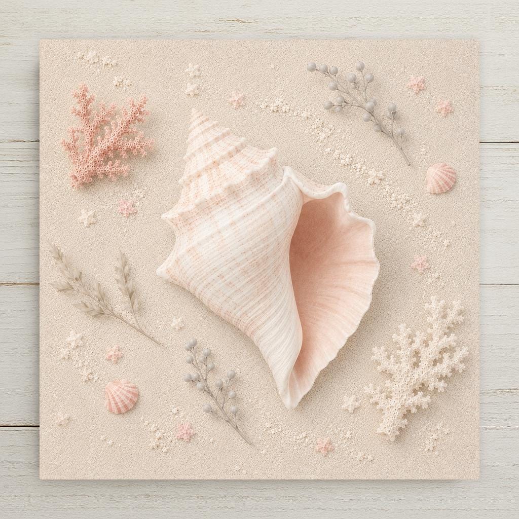 Conch shell ceramic art tile with soft texture in cream, sand, blush and soft grey, coastal style.