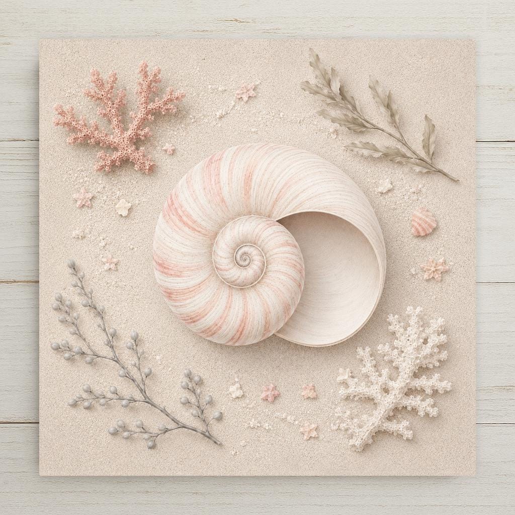 Nautilus seashell ceramic art tile with spiral detail in cream, sand and soft coral.