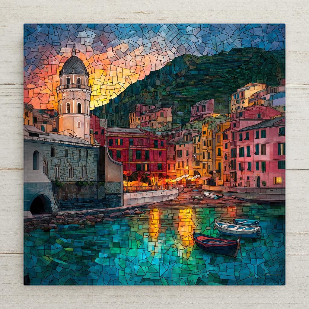 Cinque Terre ceramic art tile featuring Vernazza's pastel houses stacked above the turquoise harbor with fishing boats and the stone church tower, in warm Mediterranean light, in terracotta, ochre, rose, turquoise, sage, and gold. Italian Riviera coastal travel gift with optional tile wall hanger, easel stand, cork backing, or display frame.
