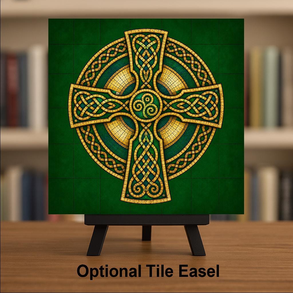 Celtic Cross Ceramic Art Tile: Irish Heritage Wall Decor Stained Glass Style Celtic Knot Cross Gift Home Decor Tile Art