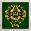 Celtic Cross ceramic art tile rendered as a luminous stained-glass mosaic with bold leaded outlines and intricate Celtic interlace knotwork, in emerald green, gold, and jewel tones. Irish heritage gift with optional tile wall hanger, easel stand, cork backing, or display frame.