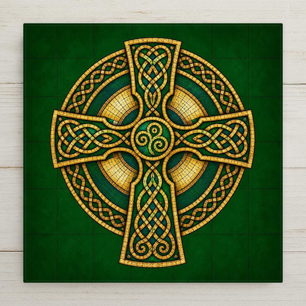 Celtic Cross ceramic art tile rendered as a luminous stained-glass mosaic with bold leaded outlines and intricate Celtic interlace knotwork, in emerald green, gold, and jewel tones. Irish heritage gift with optional tile wall hanger, easel stand, cork backing, or display frame.