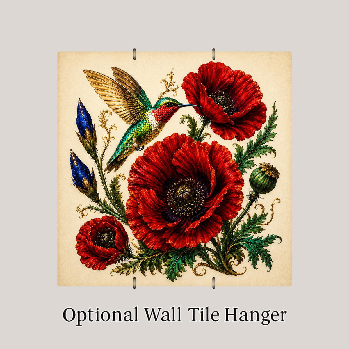 Ruby Poppy Hummingbird Ceramic Art Tile: Jewel Tone Floral Wall Decor Botanical Home Decor Wall Art
