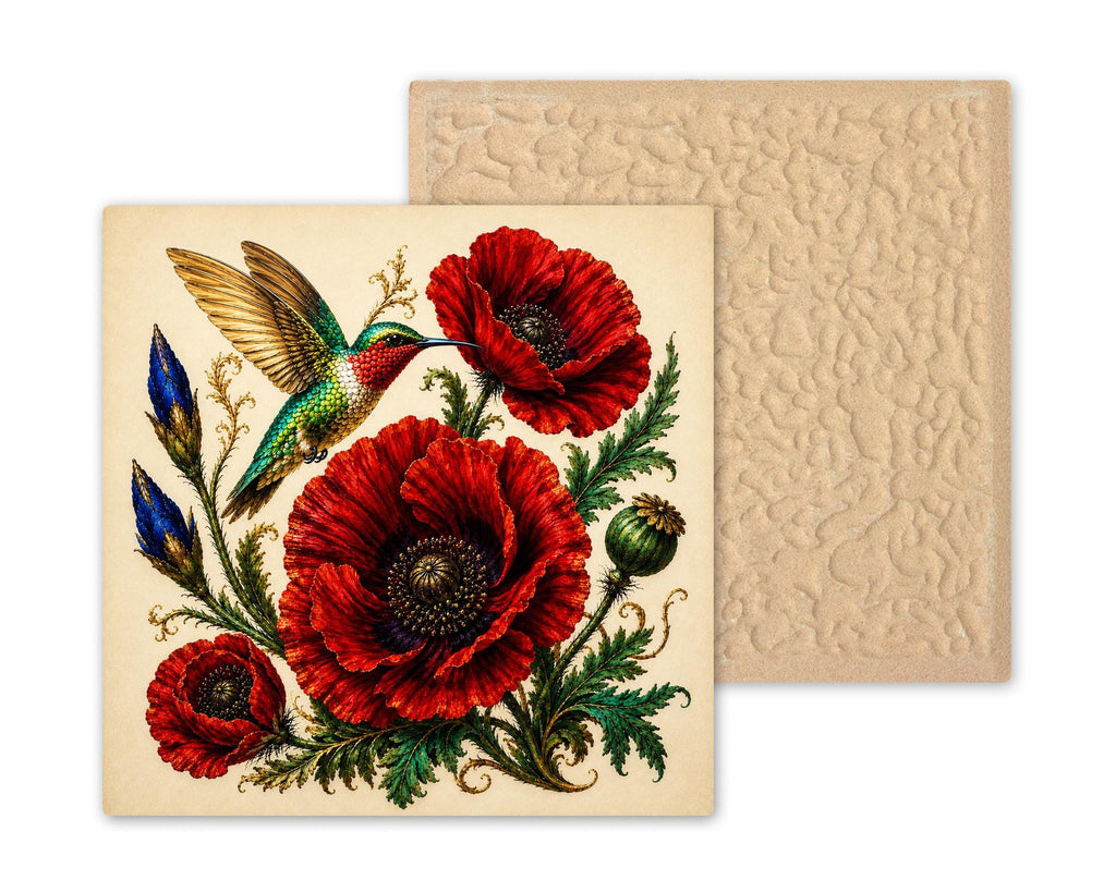 Ruby Poppy Hummingbird Ceramic Art Tile: Jewel Tone Floral Wall Decor Botanical Home Decor Wall Art