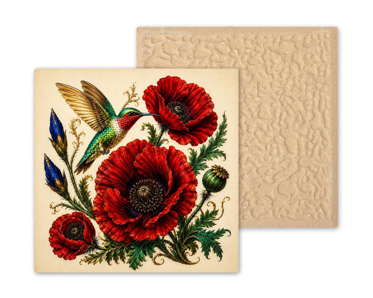 Ruby Poppy Hummingbird Ceramic Art Tile: Jewel Tone Floral Wall Decor Botanical Home Decor Wall Art
