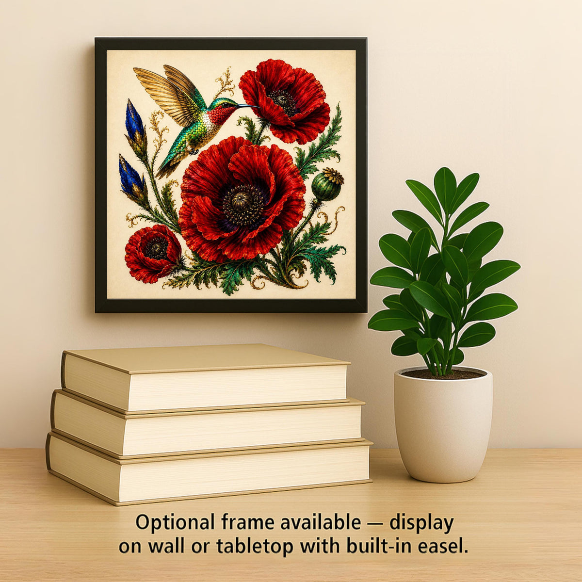 Ruby Poppy Hummingbird Ceramic Art Tile: Jewel Tone Floral Wall Decor Botanical Home Decor Wall Art