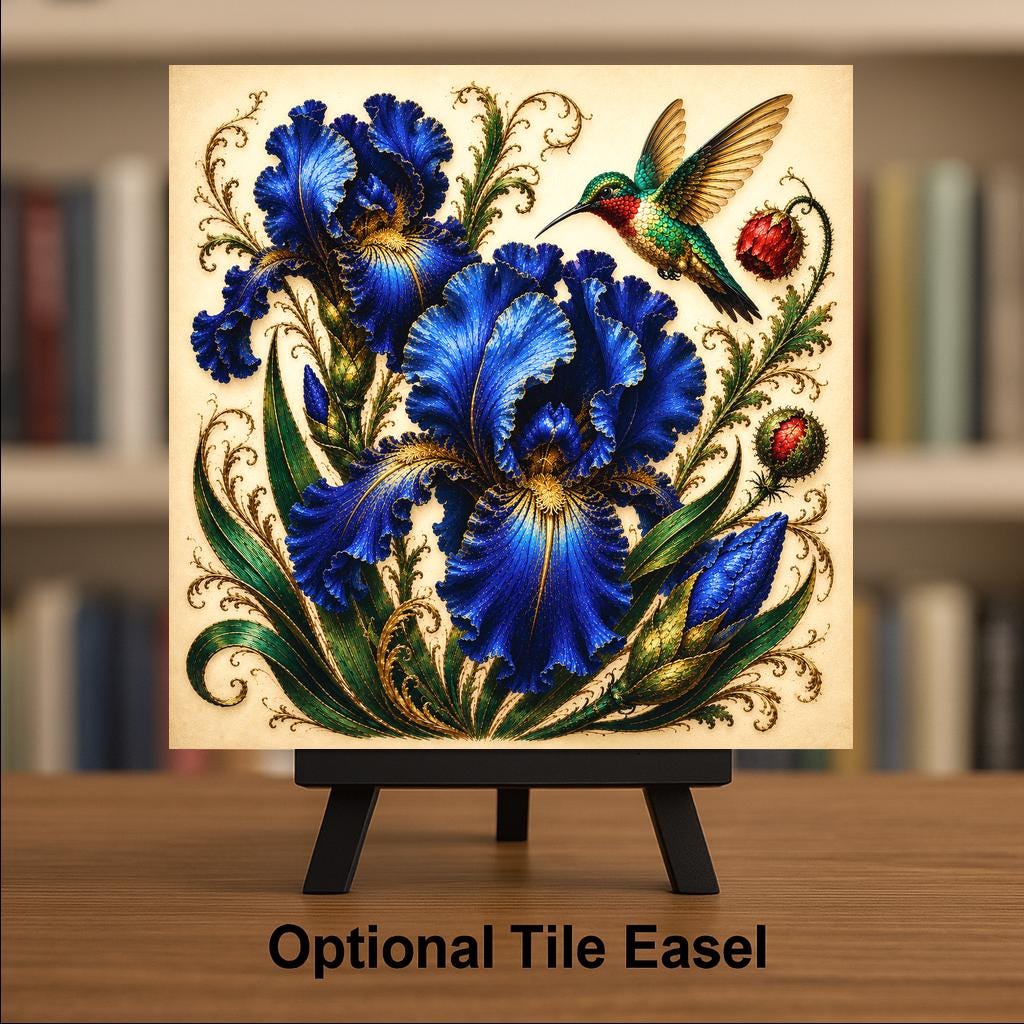 Sapphire Iris Hummingbird Ceramic Art Tile: Jewel Tone Floral Wall Decor Blue Home Decor Wall Art