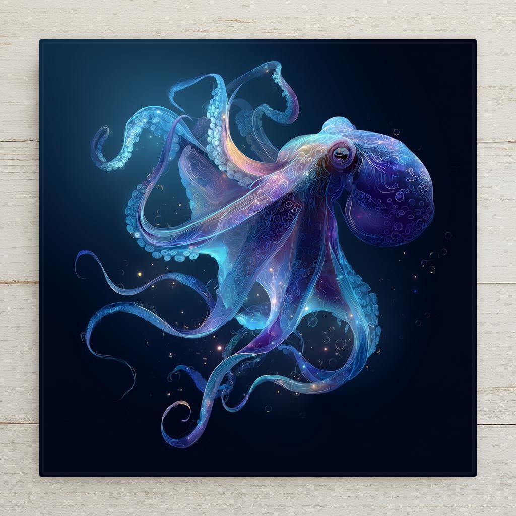 Octopus ceramic art tile with curling tentacles in indigo, teal and luminous aqua, deep-sea style.