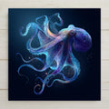 Octopus ceramic art tile with curling tentacles in indigo, teal and luminous aqua, deep-sea style.