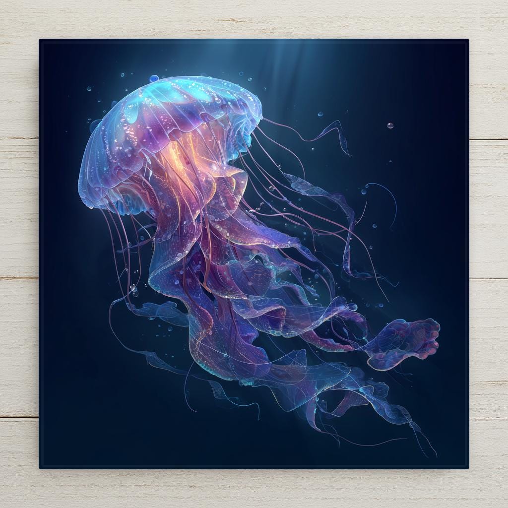 Jellyfish ceramic art tile with trailing tentacles in indigo, teal and luminous aqua, deep-sea style.