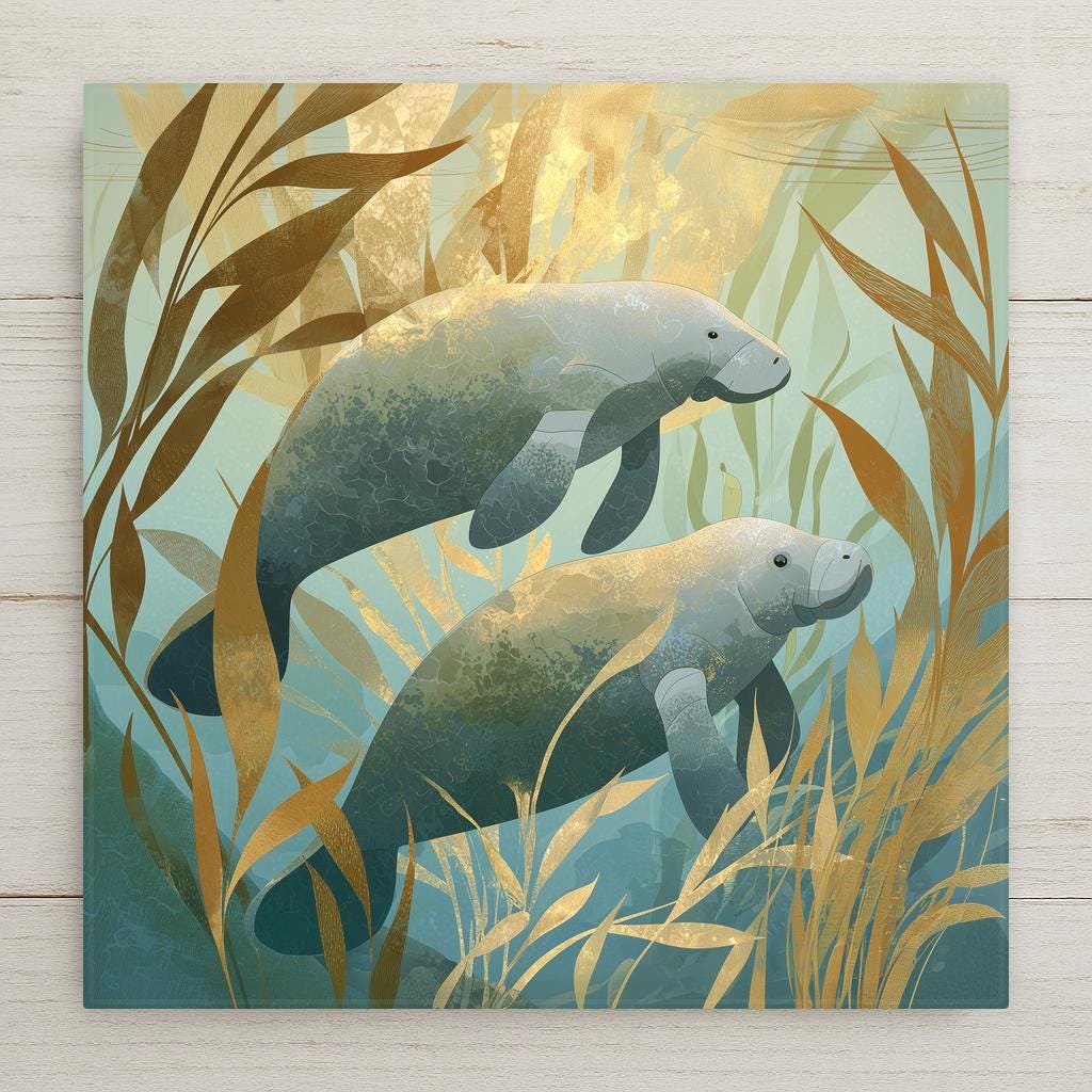 Coastal manatee pair ceramic art tile drifting in calm shallows in warm grey, seafoam and soft blue.