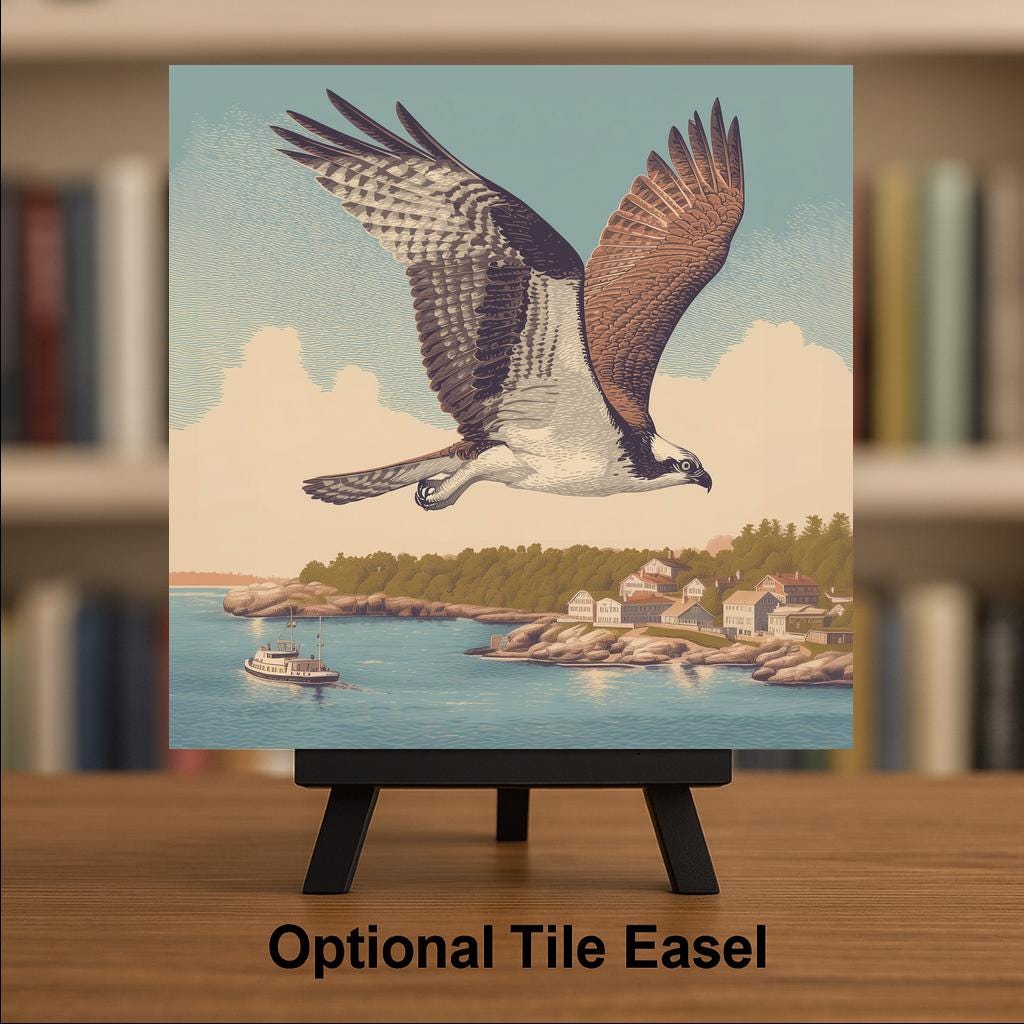 Osprey ceramic art tile in flight over a harbor with wings spread in soft brown, slate blue and golden light.