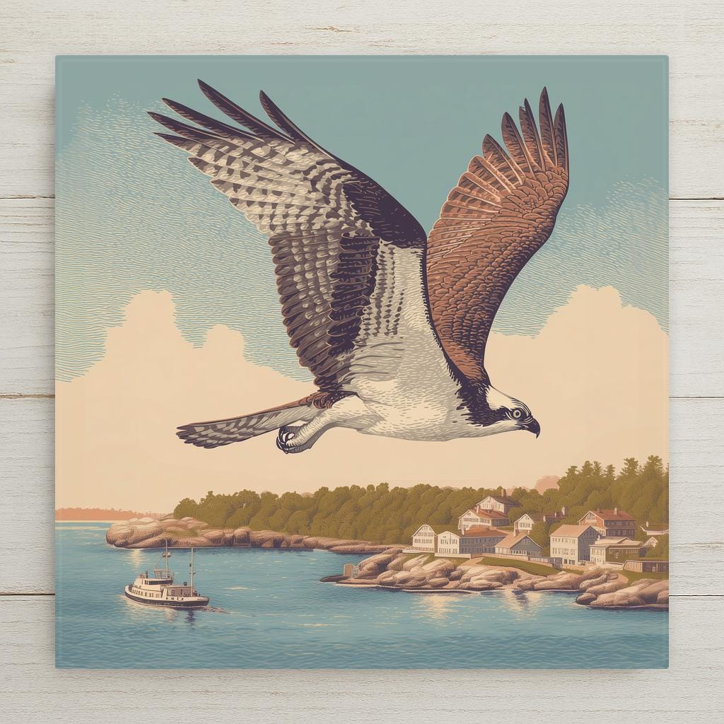 Osprey ceramic art tile in flight over a harbor with wings spread in soft brown, slate blue and golden light.