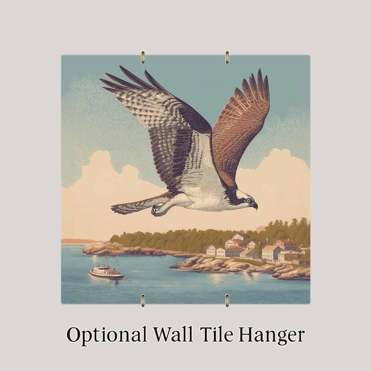 Osprey ceramic art tile in flight over a harbor with wings spread in soft brown, slate blue and golden light.