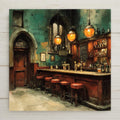 Painterly modern pub bar interior ceramic art tile with amber pendant lights, brass taps and dark wood bar in teal and warm rust.
