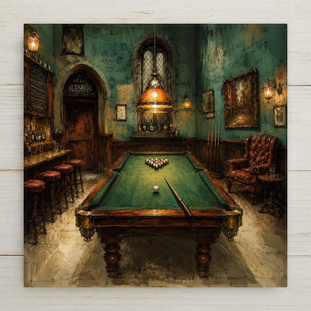 Painterly pool table ceramic art tile with racked billiard balls and amber pendant light in teal, emerald, amber and rust.