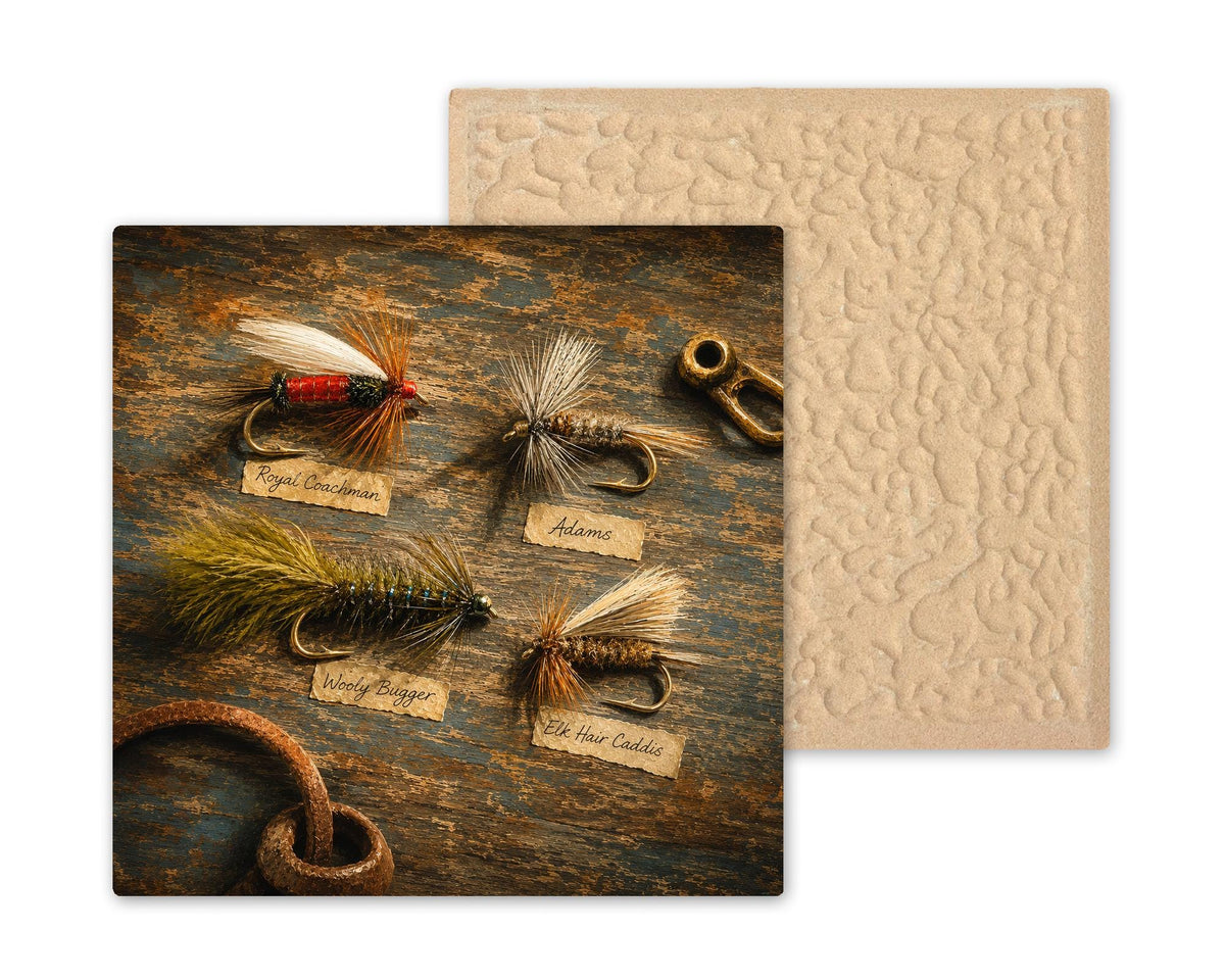 Tied Flies Ceramic Art Tile: Fly Fishing Wall Decor Fly Tying Angler Home Decor Wall Art