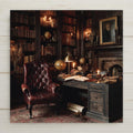Vintage candlelit library ceramic art tile featuring towering mahogany bookshelves, brass lamps, leather-bound books, and amber light in classic dark academia oil-painting style. Perfect bookshelf accent and reader gift, displayed with optional tile wall hanger, easel stand, cork backing, or premium frame.