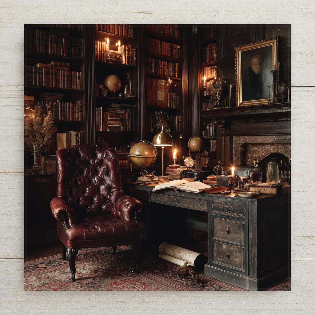 Vintage candlelit library ceramic art tile featuring towering mahogany bookshelves, brass lamps, leather-bound books, and amber light in classic dark academia oil-painting style. Perfect bookshelf accent and reader gift, displayed with optional tile wall hanger, easel stand, cork backing, or premium frame.